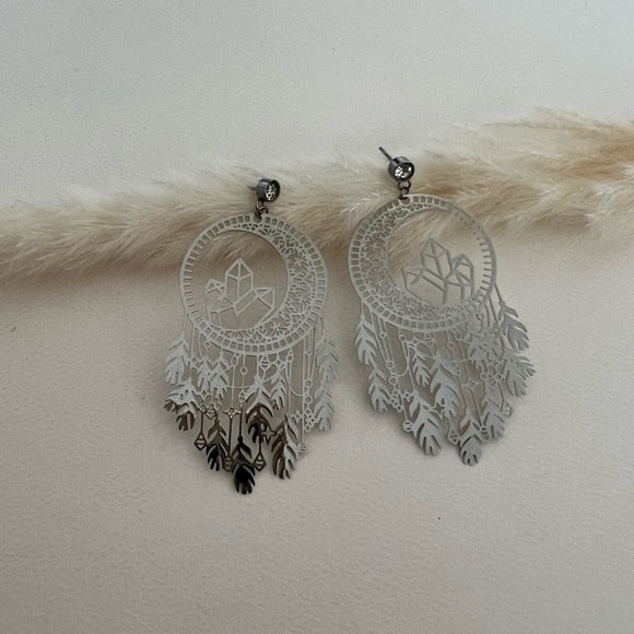 Moon Dream Catcher Silver Dangle Earrings -Silver Witchy Chic Celestial Earrings - Picture 8 of 10